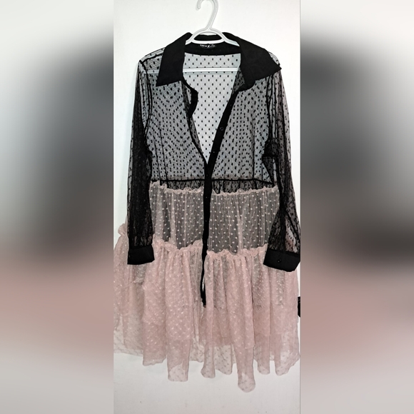 Tops - Black and Pink Sheer Polka Dot Dress